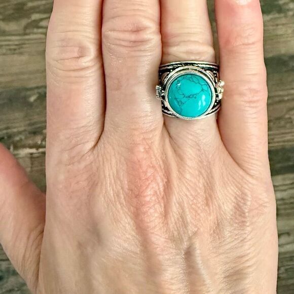 Round Cut Turquoise Gemstone Poison Locket Box Ring Boho Sterling Silver New - Picture 6 of 6